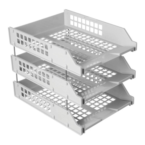 Лотки горизонтальные для бумаг, НАБОР 3 шт. (340х260х240 мм), на металлических стержнях, серые, "Strong", ЛТ111