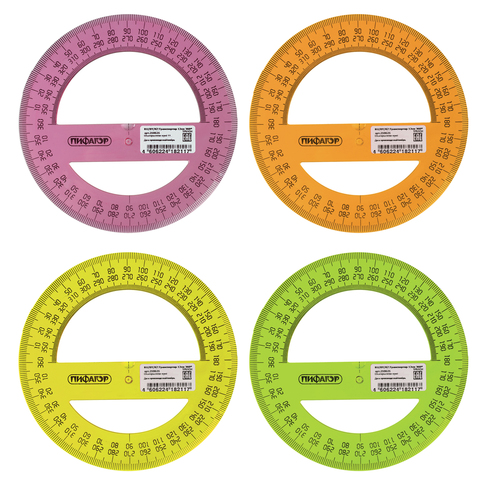 Транспортир 12 см, 360 градусов, ПИФАГОР, прозрачный, неоновый, ассорти, 210621