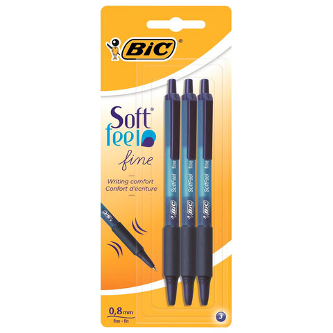 Ручки шариковые автоматические с грипом BIC "Soft Feel Fine", НАБОР 3 шт., линия письма 0,8 мм, блистер, 893221