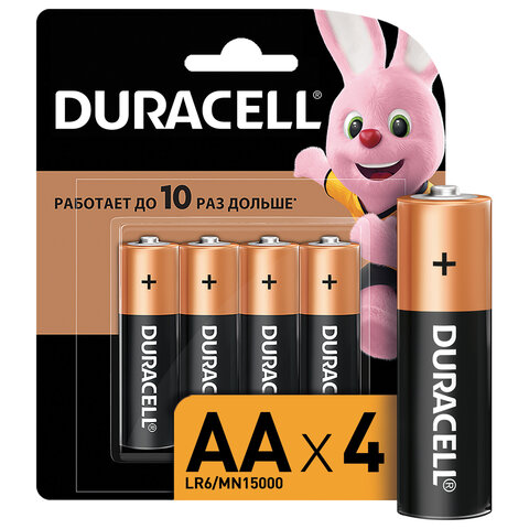 Батарейки КОМПЛЕКТ 4 шт., DURACELL Basic, AA (LR06, 15А), алкалиновые, пальчиковые, блистер, MN 1500 АА LR6