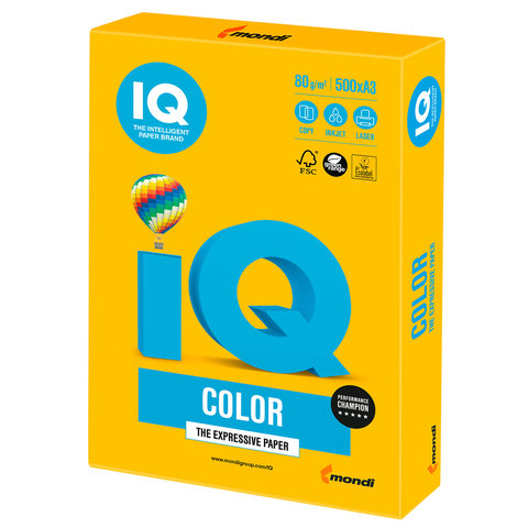 Бумага цветная IQ color БОЛЬШОЙ ФОРМАТ (297х420 мм), А3, 80 г/м, 500 л., интенсив, солнечно-желтая, SY40