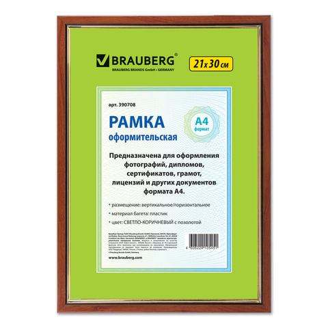 Рамка 21х30 см, пластик, багет 15 мм, BRAUBERG "HIT", орех с позолотой, стекло, 390708