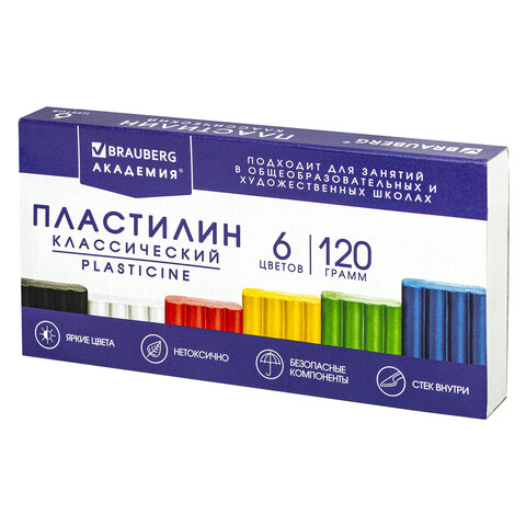 Пластилин классический BRAUBERG "АКАДЕМИЯ ХИТ", 6 цветов, 120 г, стек, ВЫСШЕЕ КАЧЕСТВО, 106440