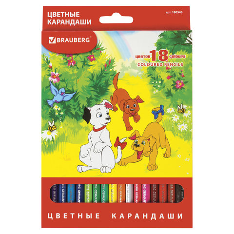 Карандаши цветные BRAUBERG "My lovely dogs", 18 цветов, заточенные, картонная упаковка, 180546