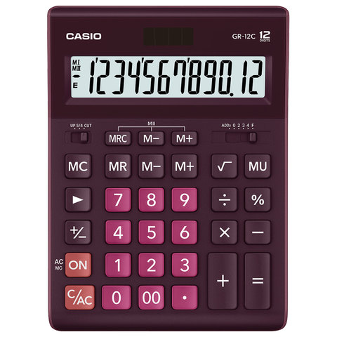 Калькулятор настольный CASIO GR-12С-WR (210х155 мм), 12 разрядов, двойное питание, БОРДОВЫЙ, GR-12C-WR-W-EP