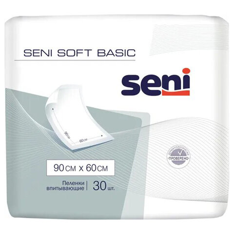 Пеленки 60х90 см, SENI SOFT BASIC, КОМПЛЕКТ 30 шт., впитывающие, одноразовые, SE-091-B030-J03