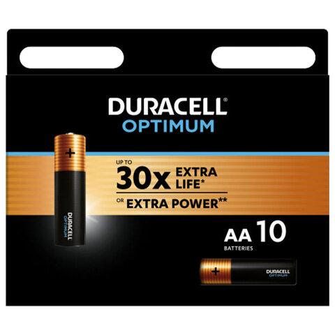 Батарейки КОМПЛЕКТ 10 шт., DURACELL Optimum, AA (LR6,15А), х30 мощность, алкалиновые, пальчиковые, 5014728