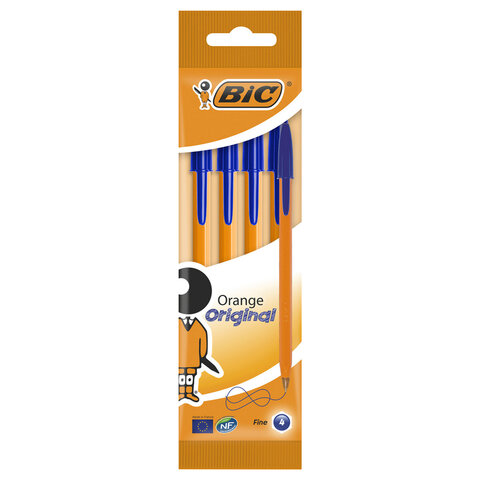 Ручки шариковые BIC "Orange Original Fine", НАБОР 4 шт., СИНИЕ, узел 0,8 мм, линия письма 0,3 мм, пакет, 8308521