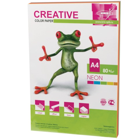 Бумага цветная CREATIVE color, А4, 80 г/м2, 50 л., (5 цветов х 10 листов) микс неон, БНpr-50r